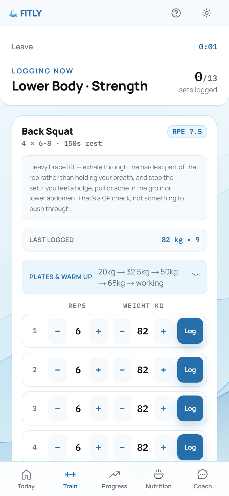 The FITLY app's session logger mid-workout: back squat, four sets of six to eight at 82 kg, with last session's set and the plate breakdown shown