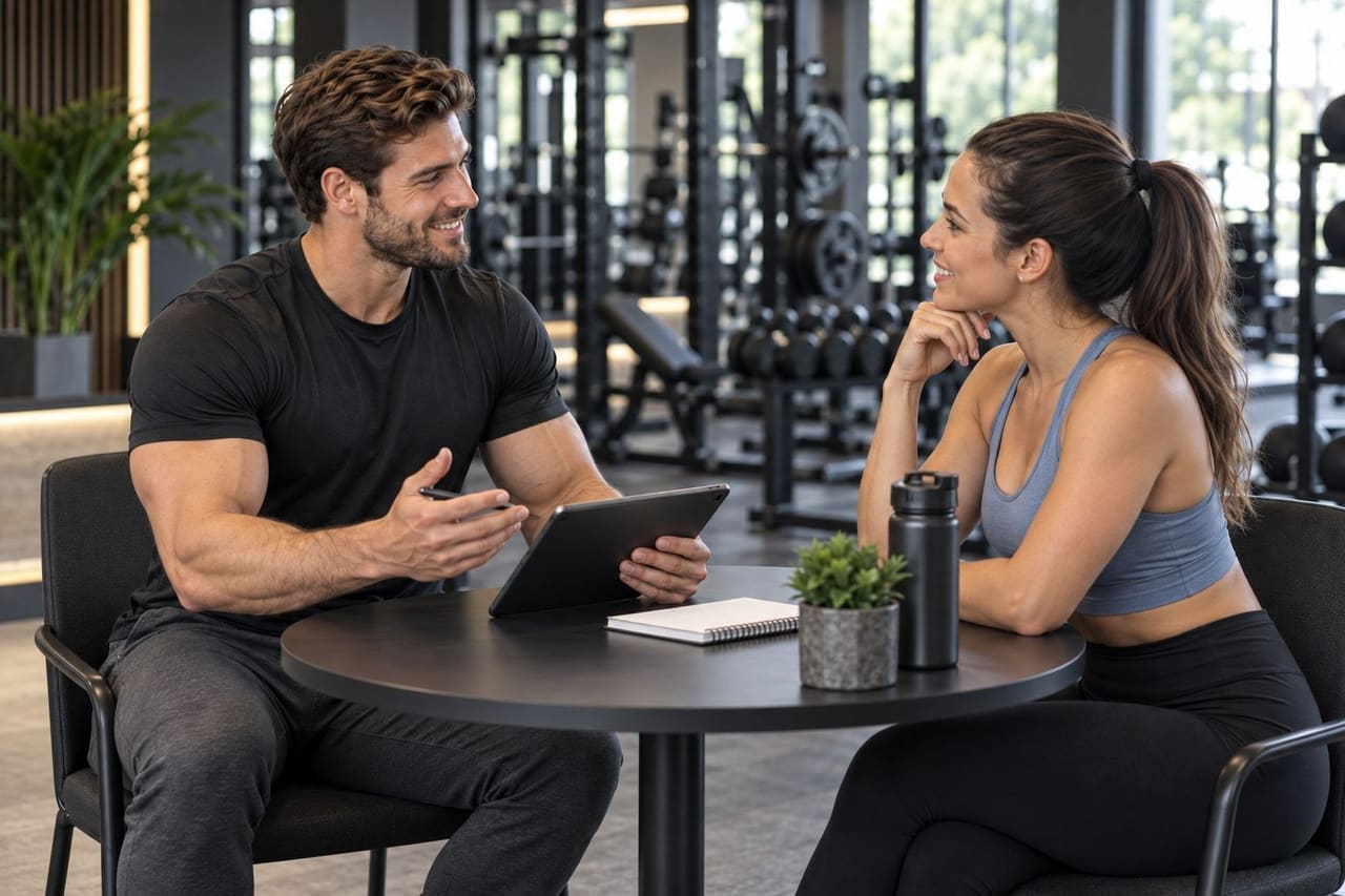 Matthew sitting at a table with a client during a consultation, talking through a plan